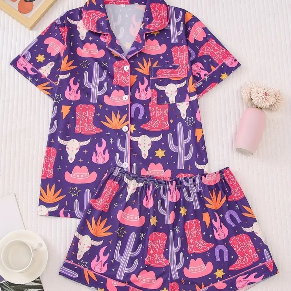 Purple Cactus Print Women's Pajama Set - Picture 2 of 5